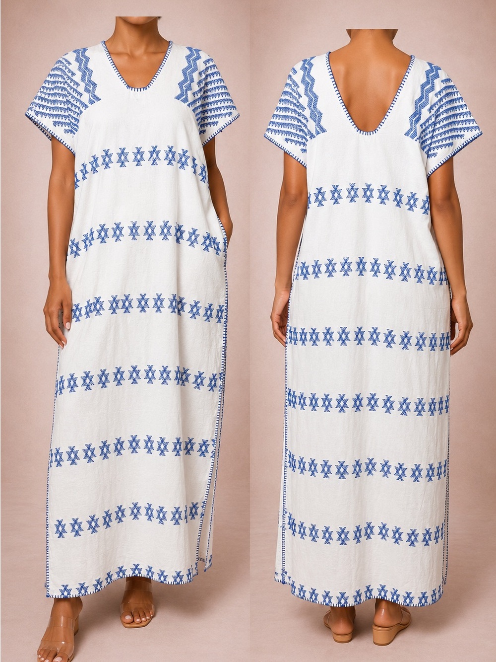 Pippa Holt Kaftan with Blue Geometric Embroidery